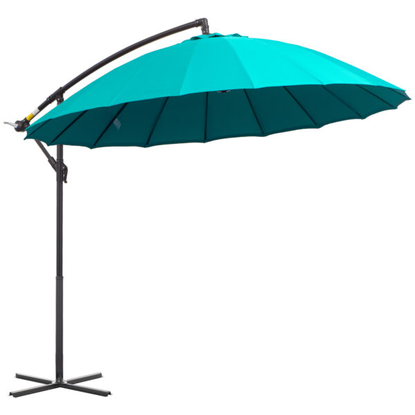 Outsunny 3m Cantilever Shanghai Parasol Garden Hanging Banana Sun Umbrella with Crank Handle, 18 Sturdy Ribs and Cross Base, Turquoise