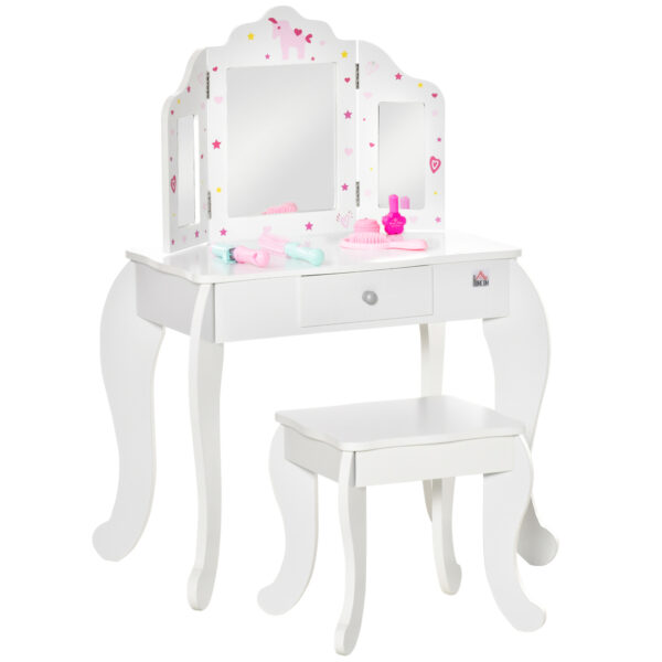 HOMCOM Kids Vanity Table & Stool Girls Dressing Set Make Up Desk Chair Dresser Play Set with Rotatable Mirrors Drawer Star & Heart Pattern