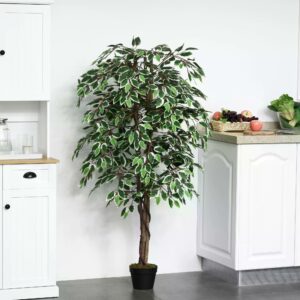 Outsunny 160cm/5.2FT Artificial Ficus Silk Tree with Nursery Pot, Decorative Fake Plant, for Indoor Outdoor D??cor