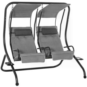 Outsunny Double Seat Swing Chair Modern Garden Swing w/ 2 Separate Relax Chairs, Handrails, Headrests and Removable Canopy,