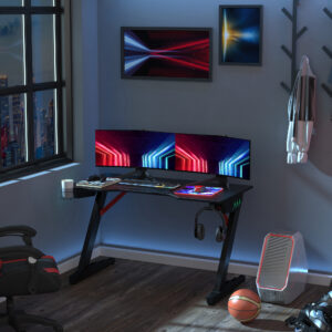 HOMCOM Racing Style Gaming Desk with LED Lights, ZShaped Computer Table Workstation with Cup Holder, Headphone Hook for Study, Home Office,