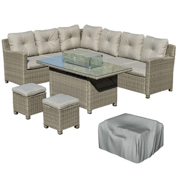 Outsunny 8Seater Outdoor PE Rattan Sofa Set Conversation Set w/ Fire Pit Table, LShape Sofa, Footstool, Olefin Cushions and Furniture Cover