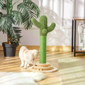 PawHut Cat Tree Cactusshaped Tower Kitten Furniture with Sisal Scratching Post Hanging Ball Funny Cat Ball Platform 32 x 32 x 60cm