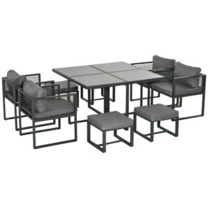 Outsunny 8 Seater Garden Dining Cube Set Aluminium Outdoor Furniture Set Dining Table, 4 Chairs and 4 Footstools with Cushion,