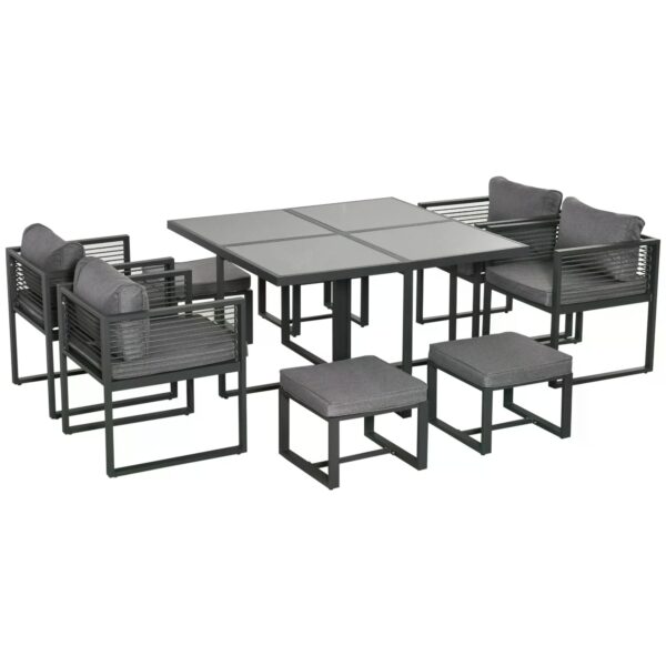Outsunny 8 Seater Garden Dining Cube Set Aluminium Outdoor Furniture Set Dining Table, 4 Chairs and 4 Footstools with Cushion,