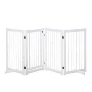 PawHut Wooden Freestanding Pet Gate 4 Panels 91cm Foldable Dog Safety Fence with 2 Support Feet Walkthrough Door for Doorway Stairs