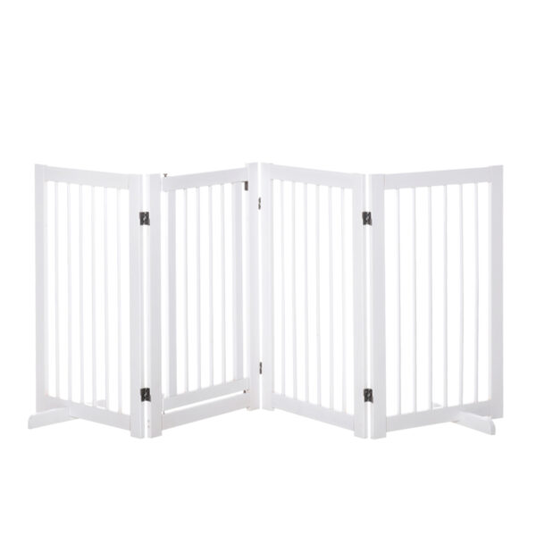 PawHut Wooden Freestanding Pet Gate 4 Panels 91cm Foldable Dog Safety Fence with 2 Support Feet Walkthrough Door for Doorway Stairs