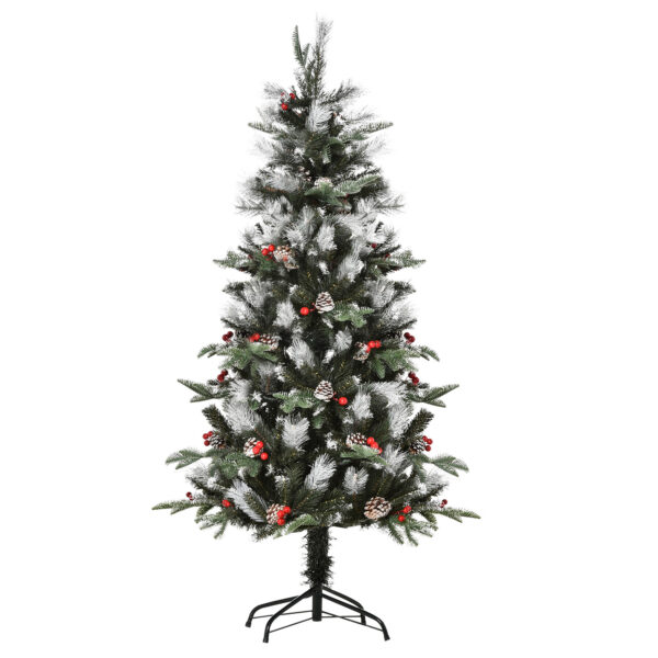 HOMCOM 5FT Artificial Snow Dipped Christmas Tree Xmas Pencil Tree Holiday Home Party Decoration with Foldable Feet  Berries  Pinecones,