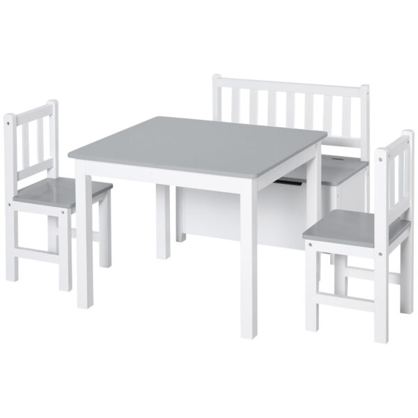 HOMCOM 4Piece Kids Table Set with 2 Wooden Chairs, 1 Storage Bench, and Interesting Modern Design, /