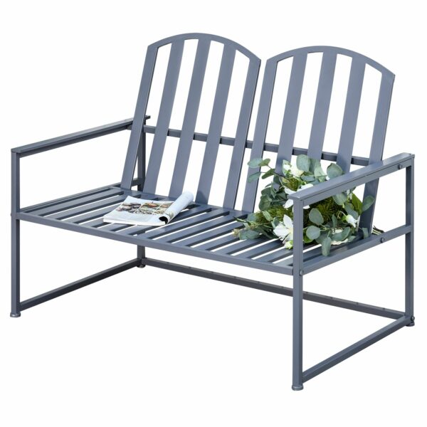 Outsunny Garden Bench Loveseat 2 Seat Chair for Outdoor Park, Yard, Steel Frame, Decorative Slatted Design,