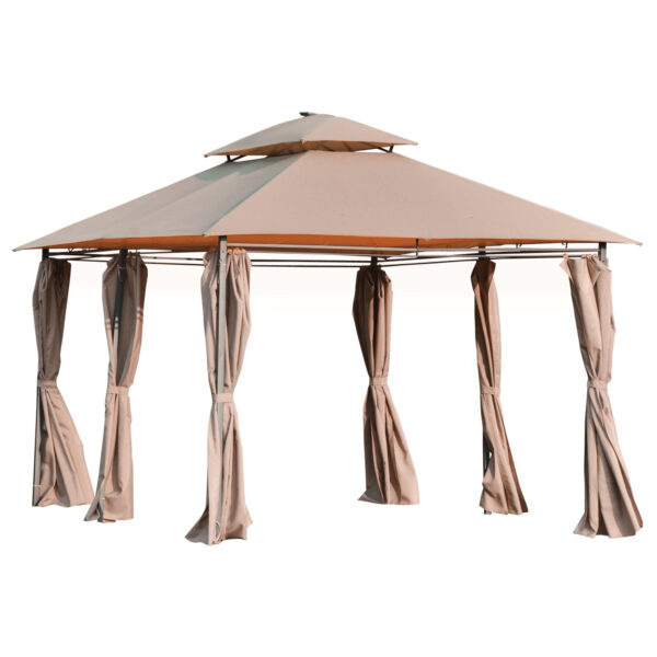 Outsunny 4 x 3m Outdoor Gazebo Canopy Party Tent Garden Pavilion Patio Shelter w/ LED Solar Light, Double Tier Roof, Curtains, Steel Frame, Khaki