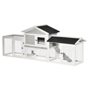 PawHut 2 Tier Wooden Rabbit Hutch Small Pet House Bunny Run Cage with Pull Out Tray Ramps Lockable Doors Large Run Area Asphalt Roof for Outdoor