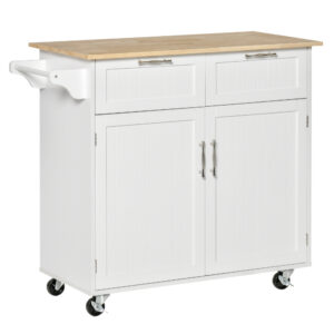 HOMCOM Modern Rolling Kitchen Island Storage Kitchen Cart Utility Trolley with Rubberwood Top, 2 Drawers,