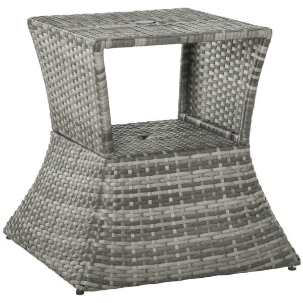 Outsunny Outdoor Patio Rattan Wicker Table Bistro Side Table w/ Umbrella Hole and Storage Space,