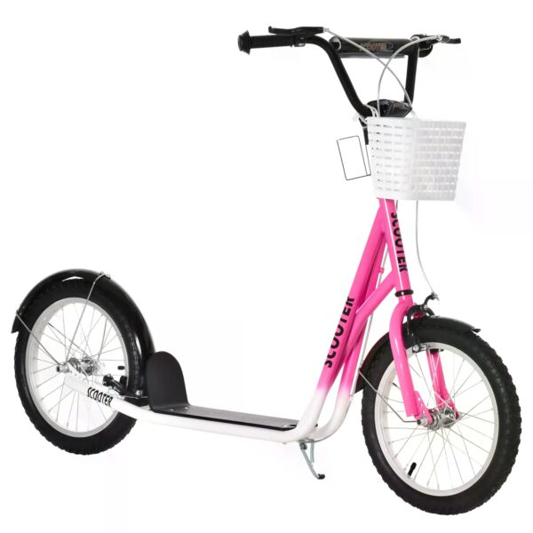 HOMCOM Kids Kick Scooter Teen Ride On Children Scooter with Adjustable Handlebar 2 Brakes Basket Cupholder Mudguard 16" Inflatable Rubber Tyres