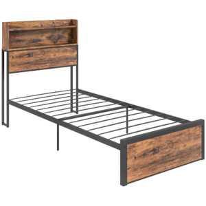 HOMCOM Industrial Single Bed Frame, 3.1FT Steel Bed Base w/ Storage Headboard, Footboard, Under Bed Storage, 95 x 209cm, Rustic