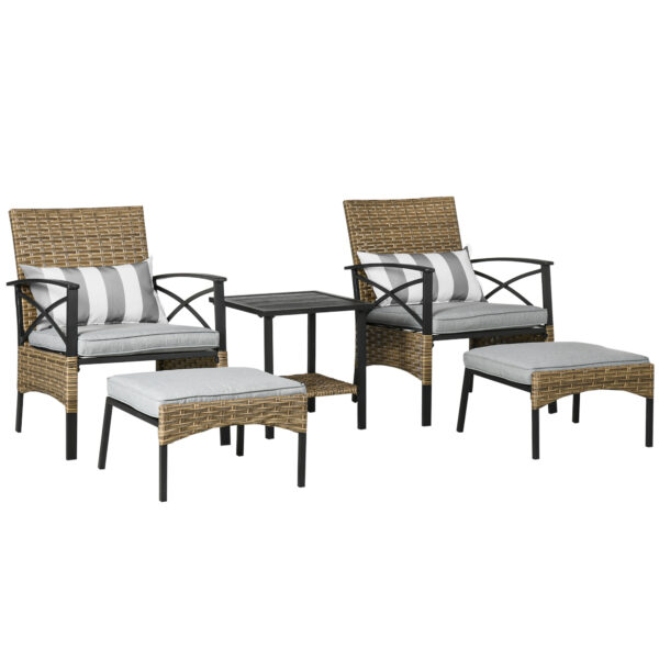 Outsunny 5 Piece PE Rattan Garden Furniture Set, 2 Armchairs, 2 Stools, Steel Tabletop with Wicker Shelf, Padded Outdoor Seating,