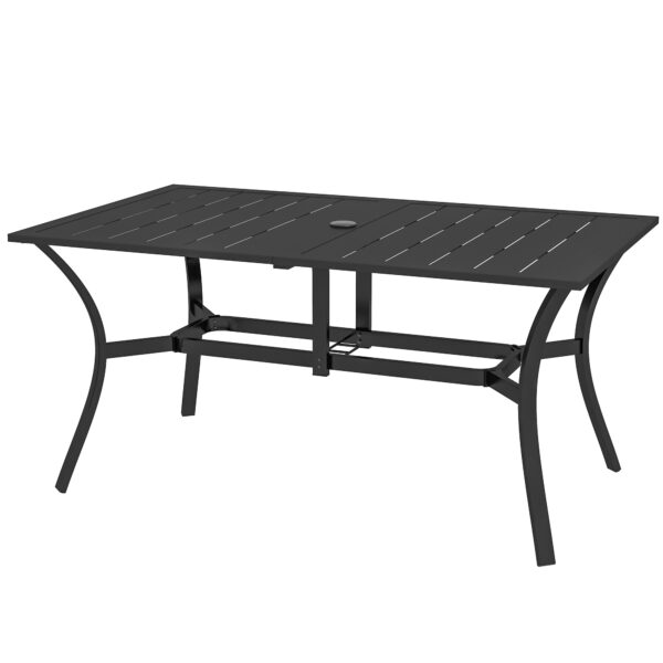 Outsunny Rectangle Garden Dining Table with Parasol Hole, Patio Table with Steel Frame and Slat Tabletop, 150cm x 90cm,