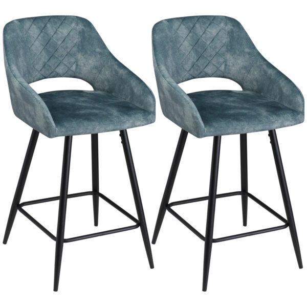HOMCOM Bar Stools Set of 2, VelvetTouch Fabric Counter Height Bar Chairs, Kitchen Stools with Steel Legs for Dining Area