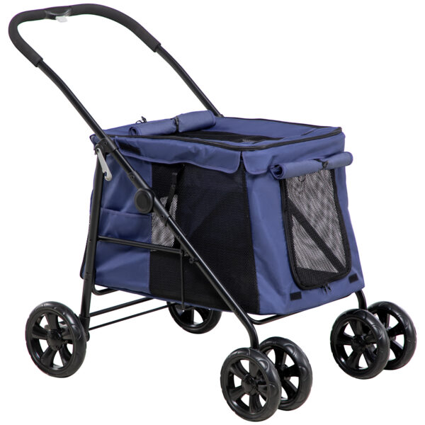 PawHut OneClick Foldable Dog Pushchair w/ EVA Wheels, Storage Bags, Mesh Windows, Doors, Safety Leash, Cushion, for Small Pets