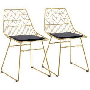 HOMCOM Luxurious Dining Chairs Set of 2, Metal Wire Kitchen Chair with Removable Velvetfeel Cushion, Cutout Back and Steel Frame