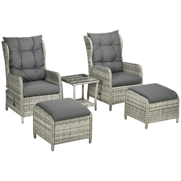 Outsunny 5 Pieces PE Rattan Sun Lounger Set, Outdoor Halfround Wicker Recliner Sofa Bed with Glass Top Twotier Table and Footstools, Mixed