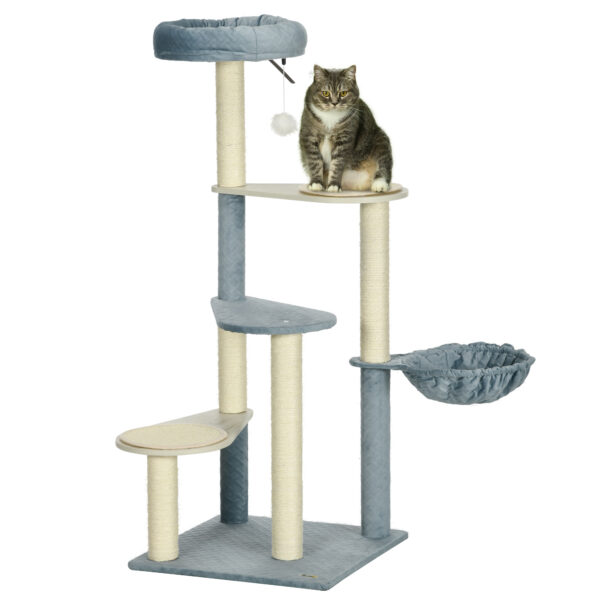 PawHut 118.5cm Cat Tree for Indoor Cats, Cat Tower with Scratching Posts, Mats, Hammock, Cat Bed, Ball Toy,