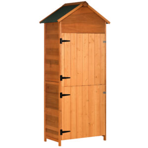 Outsunny 84 x 52cm Garden Shed 4Tier Wooden Garden Outdoor Shed 3 Shelves Utility Gardener Cabinet Lockable Double Doors Tool Kit Storage  Teak