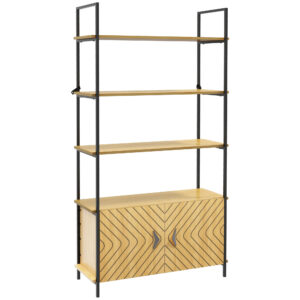 HOMCOM Industrial Bookshelf 4Tier Shelving with Double Door Cabinet and Metal Frame for Living Room, Bedroom, Oak Tone