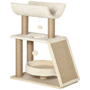 PawHut Cat Tree for Indoor Cats with Scratching Posts Pad, Kitten Tower with Bed Perch Ball Toy, 60 x 30 x 76 cm, Light