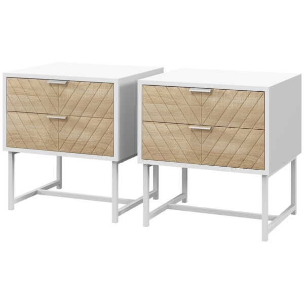 HOMCOM Modern Bedside Table with 2 Drawers and Metal Frame, Sofa Side Table for Bedroom Living Room, Set of 2,  and Oak