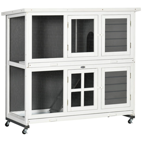 PawHut Wooden Rabbit Hutch with Wheels, Guinea Pig Cage, Small Animal House for Outdoor & Indoor with Slideout Trays, 119 x 50.5 x 109cm,
