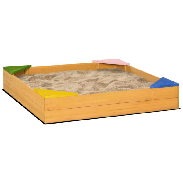 Outsunny Kids Wooden Sand Pit, Children Sandbox, with Four Seats, NonWoven Fabric, for Gardens, Playgrounds