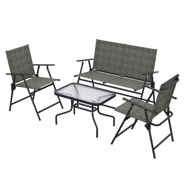 Outsunny 4 Pcs Patio Furniture Set w/ Breathable Mesh Fabric Seat, Backrest, Garden Set w/ Foldable Armchairs, Loveseat, Glass Top Table, Mixed