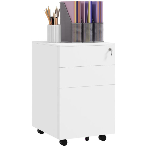 Vinsetto 3Drawer Vertical Filing Cabinet w/ Lock & Pencil Tray, Steel Mobile File Cabinet w/ Adjustable Hanging Bar for A4 & Letter Size,