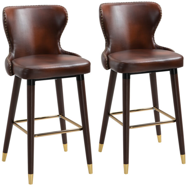 HOMCOM Bar Stools Set of 2, PU Leather Vintage CounterHeight Bar Chair, Luxury European Style Kitchen Stools with Back,