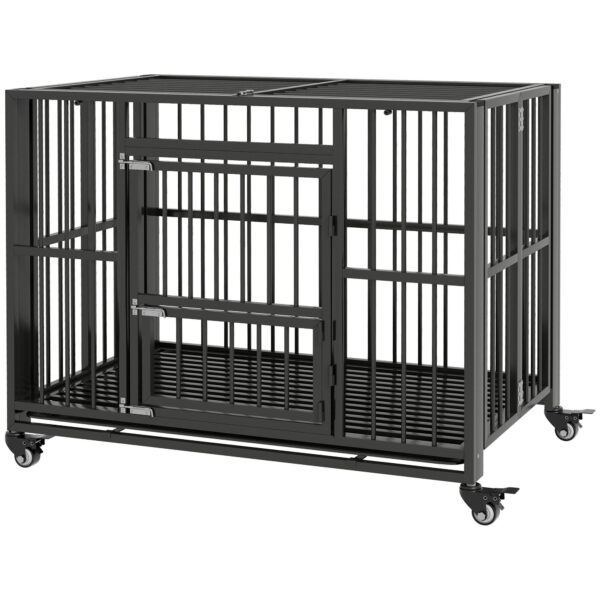 PawHut 43" Heavy Duty Dog Crate, Foldable Dog Cage, with Openable Top, Locks, Removable Tray, Wheels
