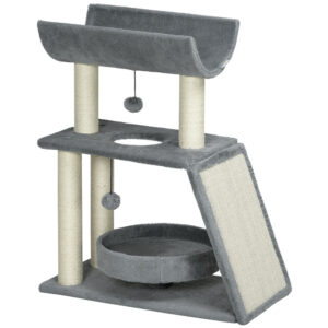 PawHut Cat Tree Tower, with Scratching Posts, Pad, Bed, Perch, Toy Ball, Light
