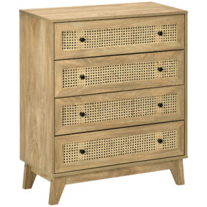 HOMCOM Storage Cabinet, 4Drawer Unit with Rattan Element for Bedroom, Living Room, 80cmx35cmx95cm, Wood Effect
