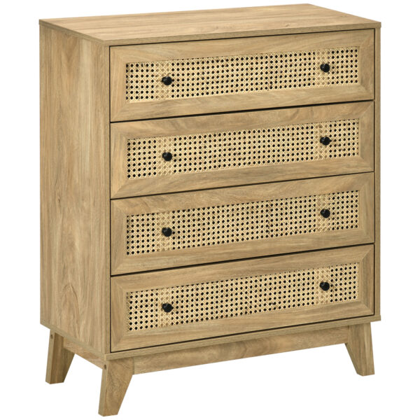 HOMCOM Storage Cabinet, 4Drawer Unit with Rattan Element for Bedroom, Living Room, 80cmx35cmx95cm, Wood Effect