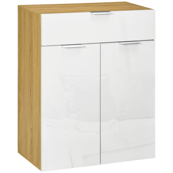 HOMCOM Modern Storage Cabinet, High Gloss Slim Sideboard with Drawer, Door Cupboard, Adjustable Shelves,  and Natural