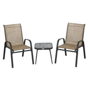 Outsunny 3 Pieces Outdoot Bistro Set, Patio Stackable Armchairs with Breathable Mesh Fabric and PSC Board Table,