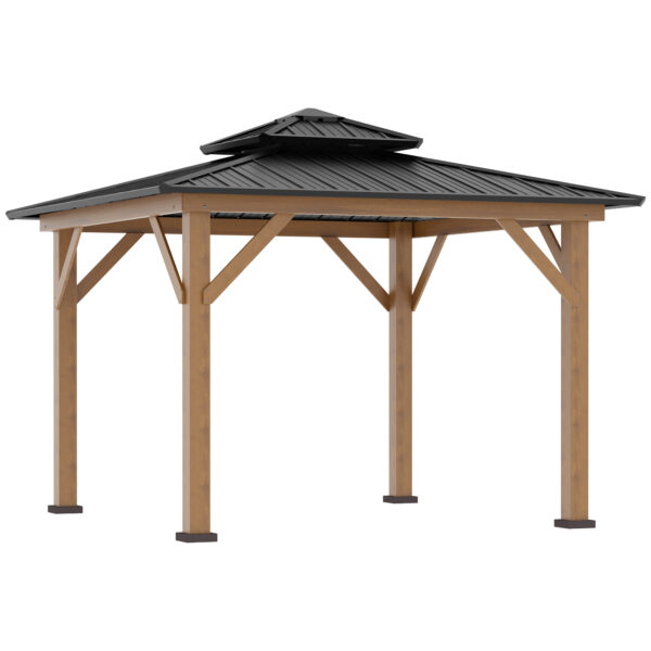 Outsunny 3.5 x 3.5m Outdoor Aluminium Hardtop Gazebo Canopy with 2Tier Roof and Solid Wood Frame Outdoor Patio Shelter for Patio, Garden,