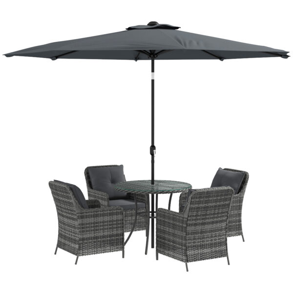 Outsunny 6 Pieces Garden Dining Set, 4 Seater Rattan Dining Set Outdoor with Umbrella, Cushions, Tempe Glass Top Table