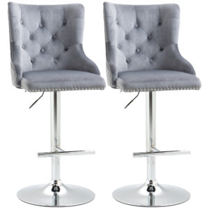 HOMCOM Modern Adjustable Bar Stools Set of 2, Swivel Velvet Barstools with Button Tufted Back, Footrest, Nailhead Trim for Home Bar,