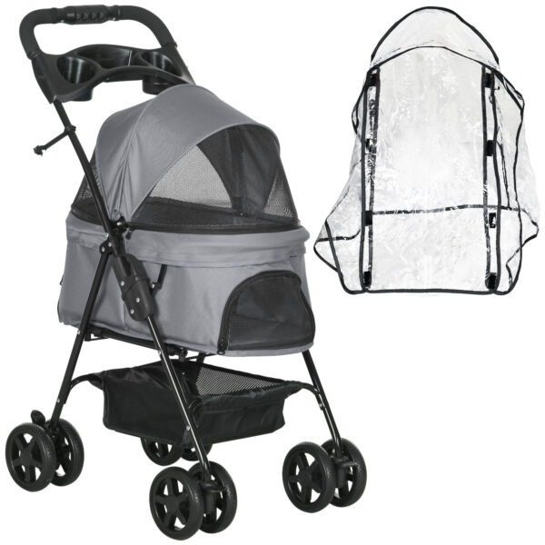 PawHut Dog Stroller w/ Rain Cover, Dog Pushchair OneClick Fold Trolley Jogger w/ Wheels, Basket, Adjustable Canopy, Safety Leash for Small Dogs,