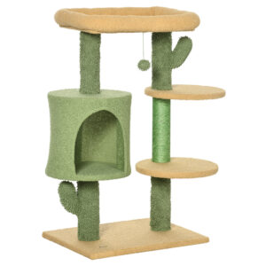 PawHut Cactus Cat Tree, 90cm Cat Climbing Tower, kitten Activity Centre with Teddy Fleece House, Bed, Sisal Scratching Posts and Hanging Ball,