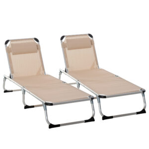 Outsunny 2 Pieces Foldable Sun Lounger with Pillow, 5Level Adjustable Reclining Lounge Chair, Aluminium Frame Camping Bed Cot, Khaki