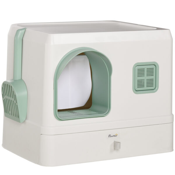 PawHut Cat Litter Box with Drawer Pan, Hooded Cat Litter Tray with Scoop, Deodorants, Front Entrance, 50 x 40 x 40 cm,
