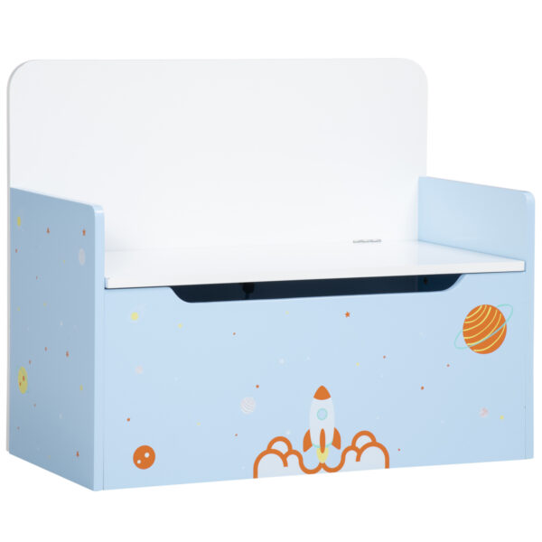 ZONEKIZ 2IN1 Wooden Toy Box, Kids Storage Bench Toy Chest with Safety Pneumatic Rod, Rocket Pattern,